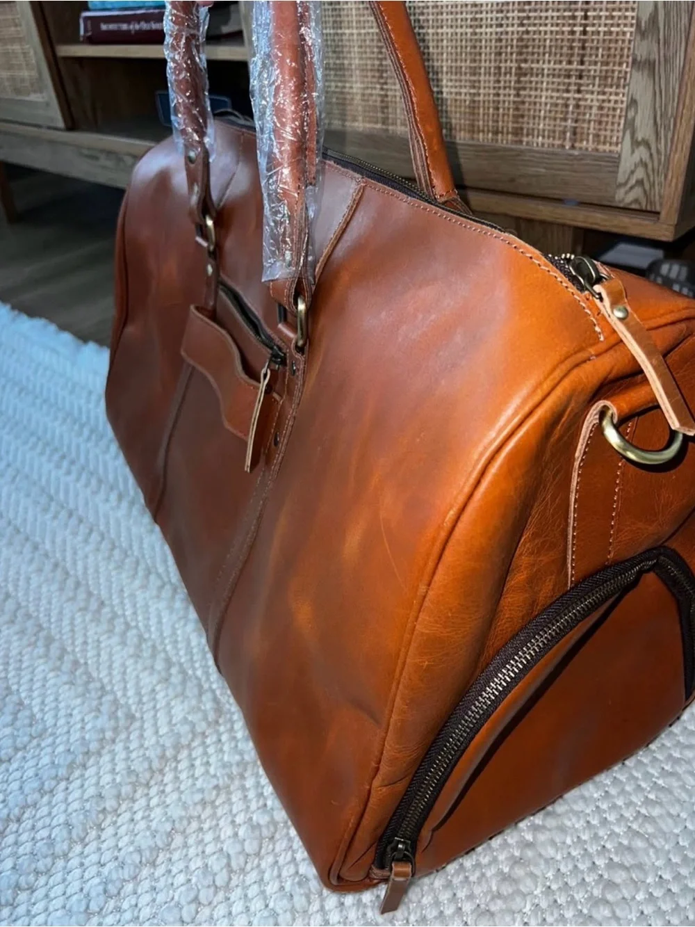 Men's Leather Travel Duffel Bag - Tan